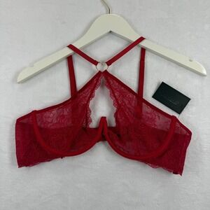 NWT Fredericks of Hollywood Red Lace Heart‎ Ring Strappy Balconette Bra L/XL